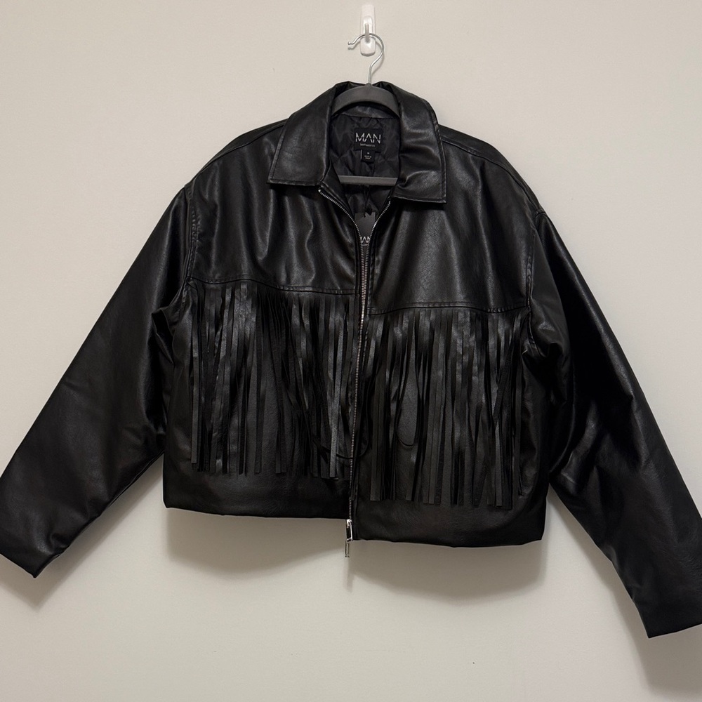 BoohooMAN Black Faux Leather Fringe Jacket